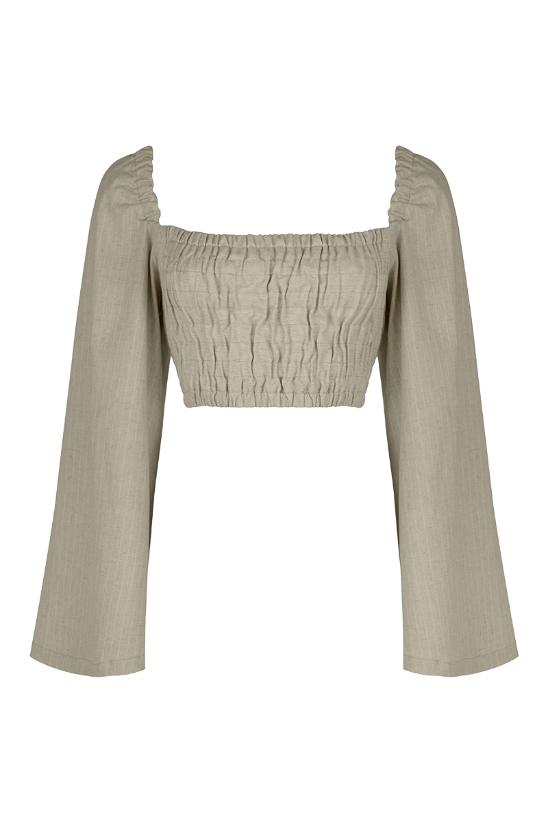 Shirred linen buff-sleeved top with lacing 